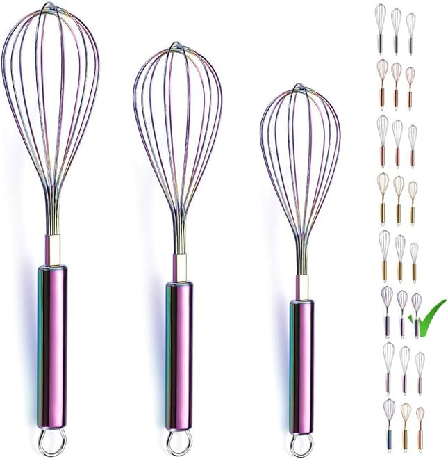 Berglander Rainbow Whisk Pack of 3 Stainless Steel 8",10",12", Titianium Plating Colorful Whisk for Cooking, Beater,Wire Whisk Set Kitchen Wisk (Rainbow)