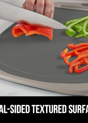 GORILLA GRIP BPA-Free Reversible Kitchen Cutting Board Set of 3, US Designed, Nonporous, Juice Grooves Catch Liquid, Slip Resistant Border, Dishwasher Safe, Durable Food Chopping Boards, Almond Gray