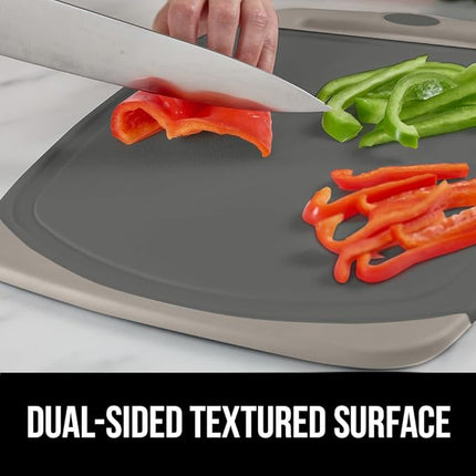GORILLA GRIP BPA-Free Reversible Kitchen Cutting Board Set of 3, US Designed, Nonporous, Juice Grooves Catch Liquid, Slip Resistant Border, Dishwasher Safe, Durable Food Chopping Boards, Almond Gray