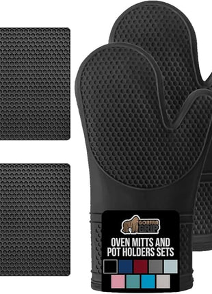 GORILLA GRIP BPA-Free Soft Silicone Oven Mitts and Pot Holders Sets of 4, Heat Resistant Waterproof Cooking Gloves, Thick Cotton Lining, Flexible Gripping for Baking Grilling, Kitchen Trivets, Black