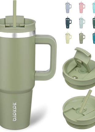 BJPKPK 30 oz Stainless Steel Tumbler With Handle Insulated Tumblers With 2 Straw Travel Coffee Mug With Lid,Sage