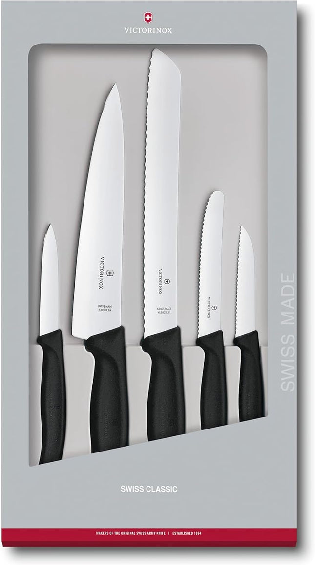 Victorinox Swiss Classic Kitchen Set - Includes Paring Knives, Carving Knife, Bread Knife & More - Premium Kitchen Accessories - Black Handles, 5-Piece Set
