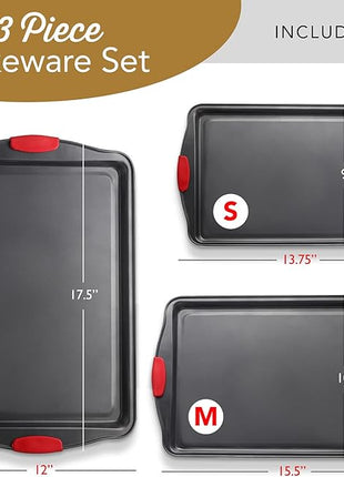 Baking Sheet Set, 3-Piece Cookie Sheet Set with Silicone Handles, Steel Baking Pans Set, Durable Baking Sheets for Oven, BPA Free Cookie Sheets for Baking Nonstick Set, Sheet Pan - Black Baking Pan