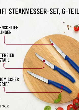 Victorinox 6.7232.6 Swiss Classic Steak Knife Set Ideal for Slicing a Wide Variety of Steak Cuts Wavy Edge Blade in Blue, Set of 6