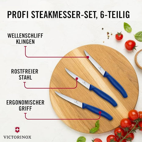 Victorinox 6.7232.6 Swiss Classic Steak Knife Set Ideal for Slicing a Wide Variety of Steak Cuts Wavy Edge Blade in Blue, Set of 6