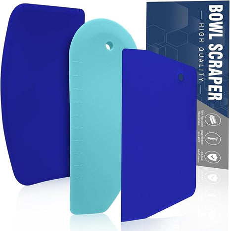 Walfos Dough Scraper Set of 3, Flexible Silicone Bowl Spatula, Kitchen Plastic Bench Dough Scraper Tool for Bread Dough, Sourdough, Cake, Fondant Icing, Blue & Teal/Aqua…