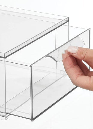 mDesign Plastic Stackable Closet Storage Organizer Bin Containers with Front Pull Drawer for Cabinet, Desk, Shelf, Cupboard, or Dresser Organization - Lumiere Collection - Set of 3 - Clear