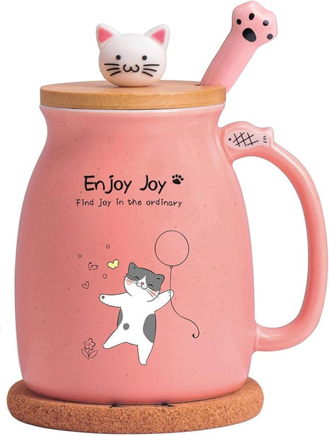 Bgbg Novelty Cat Mug Cute Ceramic Coffee Cup with Kawaii Wooden Kitty Lid, Lovely Claw Spoon, Anime Wooden Coaster, Pink Birthday Mug Gift for Cat Lovers Girl Kids Women 480ML (Pink)