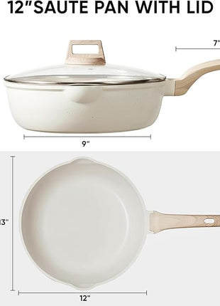 CAROTE 12Inch Nonstick Deep Frying Pan with Lid, 5.5 Qt Jumbo Cooker Saute Pan with Pour Spout, Skillet Induction Cookware, Non Stick Cooking Pan Kitchen Pan PFOA Free, White Granite