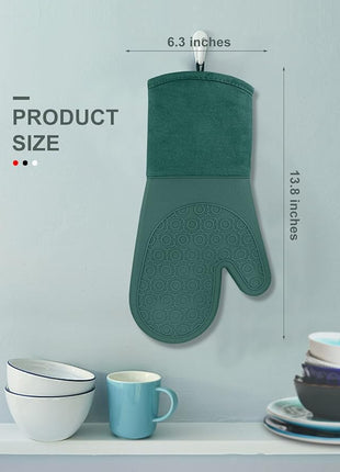 sungwoo Silicone Oven Mitts, Heat Resistant Oven Gloves with Quilted Liner Non-Slip Textured Grip Perfect for BBQ, Baking, Cooking and Grilling - 1 Pair 13.8 Inch Midnight Green