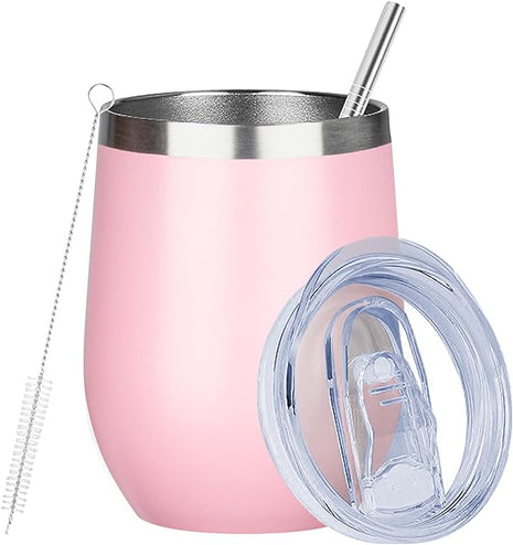 MEZMUT 12oz Insulated Wine Tumbler with Lid Double Wall Vacuum Stainless Steel Wine Glass Coffee Mug Insulated Tumbler Cup for Champaign, Cocktail, Beer (Pink, 1 Pack)