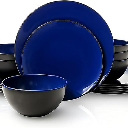 TP 18-Piece Dinnerware Set, Melamine Dishes Set with Bowls and Plates, Service for 6, Non-breakable Lightweight Dining Tableware, Blue and Black