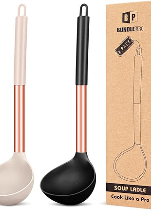 Pack of 2 Ladle Spoon,Silicone Large Spoon for Soup,Non Stick Kitchen Utensils with High Heat Resistant,BPA Free Perfect Kitchen Tools for Cooking, Stirring,Serving Soups (ROSE GOLD BLACK-KHAKI)