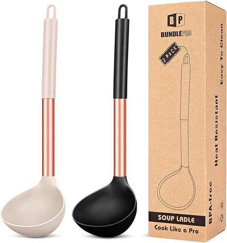 Pack of 2 Ladle Spoon,Silicone Large Spoon for Soup,Non Stick Kitchen Utensils with High Heat Resistant,BPA Free Perfect Kitchen Tools for Cooking, Stirring,Serving Soups (ROSE GOLD BLACK-KHAKI)