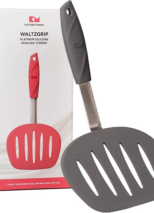 Kitchen Mama WaltzGrip Platinum Silicone Pancake Spatula Turner: Heat Resistant Flexible, Stainless Steel Core, Nonstick, Dishwasher Safe, Flipper – Ideal Kitchen Cookware Egg, Fish, Meat (Metal Gray)