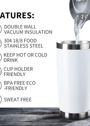 20oz Tumbler Bulk Stainless Steel Vacuum Insulated Tumblers with Lid Double Wall Travel Mug Durable Powder Coated Coffee Cup, Suitable for Ice Drinks and Hot Beverage (White 6pack)