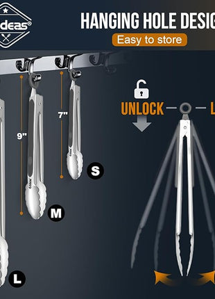 Tongs For Cooking - Heat Resistant 600 Degrees Stainless Steel Kitchen Tong,Heavy Duty Metal Locking Tongs - Perfect for Food, BBQ set of 3 (7",9" and 12") Grey