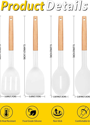 Pack of 4 Silicone Cooking Utensils Set, Non Stick Solid Spatulas and Heat Resistant Slotted Spoons with Wooden Handle, Ideal Wood Kitchen Utensils Set for Frying,Serving,Turning,Stirring (WHITE)
