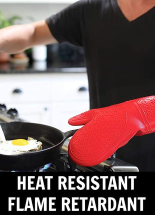 Homwe Silicone Oven Mitts and Potholders (4-Piece Sets) Heavy Duty Cooking Gloves, Kitchen Counter Safe Trivet Mats | Advanced Heat Resistant, Non-Slip Textured Grip Pot Holders(Red)