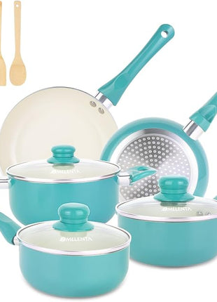 Pots and Pans Set Nonstick, 11pcs Kitchen Cookware Sets Induction Cookware, Ceramic Non Stick Cooking Set, Stay Cool Handle & Bamboo Kitchen Utensils, 100% PFOA Free, Turquoise
