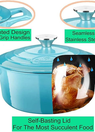 La Cuisine Enameled Cast Iron Dutch Oven Casserole Dish Pot with Lid, 2.1 QT 7.8" /20cm Dia. Internal Matte Black Enamel Coating, 2-tone Teal Enamel Exterior, Oven Safe up to 500° F for bread baking