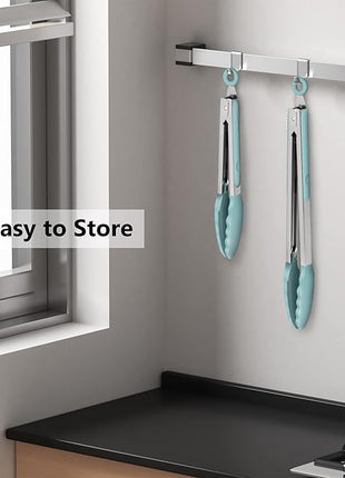 9-Inch & 12-Inch Cooking Tongs, Premium Silicone Set of 2 BPA Free Non-Stick Stainless Steel BBQ Grilling Locking Food Tong, Aqua Sky