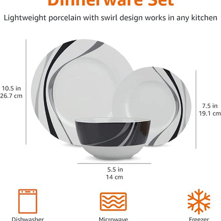 Amazon Basics Dinnerware Set, Microwave and Dishwasher Safe, Service for 6, 18-Piece Complete Kitchen, Plates, Dishes, Bowls, Swirl