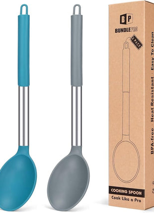 Pack of 2 Large Silicone Cooking Spoon Non Stick Solid Basting Spoons Heat-Resistant Kitchen Utensils for Mixing Serving (Gray-Blue)