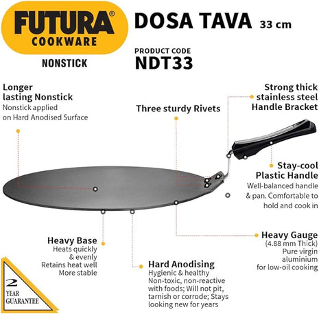 Hawkins Futura Nonstick Dosa Tava, Diameter 33 cm (13 inch), Thickness 4.88 mm (Black) NDT33