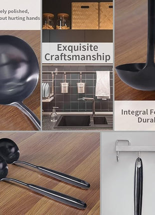 Newness Soup Ladle, [Rustproof, Heat Resistance, Integral Forming] Durable 304 Stainless Steel Soup Spoon with Vacuum Ergonomic Round Handle, Cooking Spoon for Kitchen, 13.7 Inches, Black