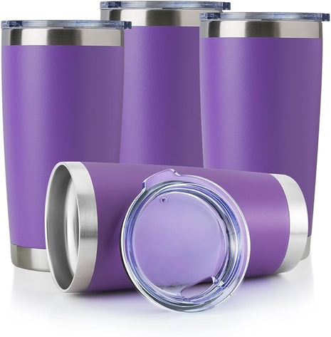 DOMICARE 20oz Stainless Steel Tumbler Bulk with Lid, Double Wall Vacuum Insulated Travel Mug, Powder Coated Coffee Cup (Powder Purple, 4)