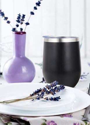 MEWAY 12oz/4 Pack Wine Tumbler Glasses with Lid - Stemless Double Wall Vacuum Stainless Steel Travel Tumbler - Keeping Cold & Hot for Wine,Coffee,Cocktails,Drinks-Family and Gifts (Black,Set of 4)