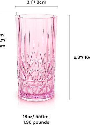 BELLAFORTE Shatterproof Tritan Tall Tumbler, Set of 4, 18oz - Myrtle Beach Drinking Glasses - Unbreakable Plastic Drinking Glasses for Gifting, Parties, New Year - BPA Free - Dishwasher Safe - Pink