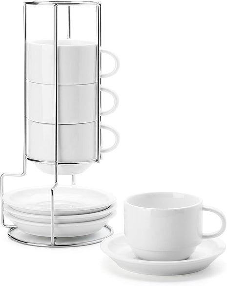 Sweese 8 Ounce Porcelain Stackable Cappuccino Cups with Saucers and Metal Stand - for Specialty Coffee Drinks, Cappuccino, Latte, Americano and Tea - Set of 4, White