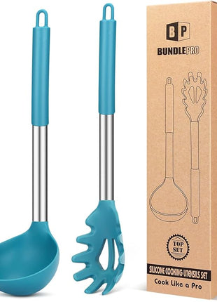 Silicone Pasta Fork and Ladle Spoon Set, Large Non Stick Kitchen Utensils for Cooking,Stirring,Serving Spaghetti, Soup, Sauce (BLUE)