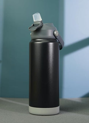 BJPKPK Insulated Water Bottle with Straw Lid, 18oz Thermo Water Bottles with Soft Nozzle, Flex Handle & Non-slip Boot, BPA Free Leak Proof Stainless Steel Metal Thermo, Tumblers, Cups,Black