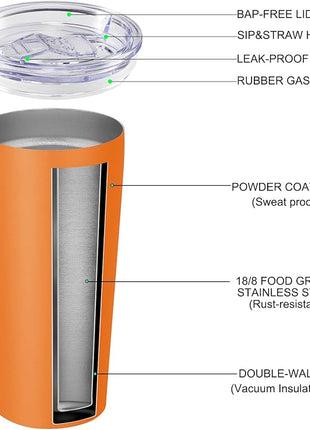 VEGOND 20oz Tumbler Stainless Steel Tumbler with Lid And Straw Vacuum Insulated Double Wall Travel Coffee Mug(orange package 6)