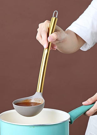 Gold Ladle, Berglander Non-stick Silicone Kitchen Ladle With Titainium Gold Plating handle, Soup Ladle, Cooking Ladle Soup Spoon For Cooking, Dishwasher Safe, Easy to Clean