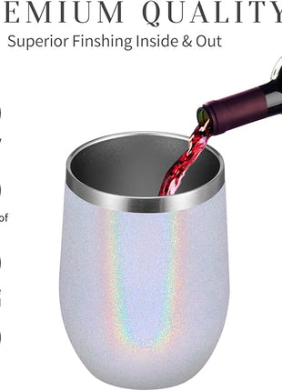 MEWAY 12oz/8 Pack Wine Tumbler Glasses with Lid - Stemless Double Wall Vacuum Stainless Steel Glitter Tumbler - Keeping Cold & Hot Cup for Coffee,Gift for Women(Rainbow White,Set of 8)