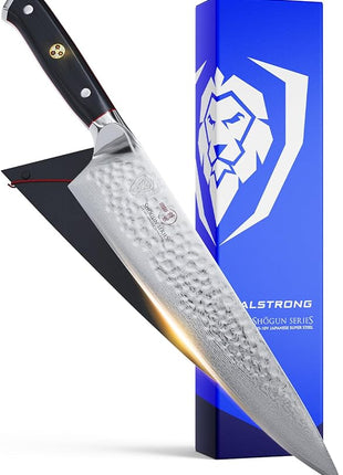Dalstrong Chef Knife - 10.25 inch Blade - Shogun Series ELITE - Damascus - Japanese AUS-10V Super Steel - G10 Black Handle - Razor Sharp Kitchen Knife - Hammered Finish - Chef's Knife - Sheath