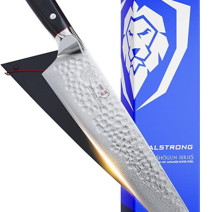 Dalstrong Chef Knife - 10.25 inch Blade - Shogun Series ELITE - Damascus - Japanese AUS-10V Super Steel - G10 Black Handle - Razor Sharp Kitchen Knife - Hammered Finish - Chef's Knife - Sheath