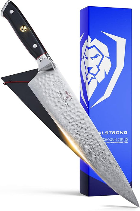 Dalstrong Chef Knife - 10.25 inch Blade - Shogun Series ELITE - Damascus - Japanese AUS-10V Super Steel - G10 Black Handle - Razor Sharp Kitchen Knife - Hammered Finish - Chef's Knife - Sheath