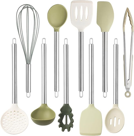 COOK WITH COLOR Silicone Cooking Utensils, Kitchen Utensil Set, Easy to Clean Silicone Kitchen Utensils, Cooking Utensils for Nonstick Cookware, Kitchen Gadgets Set, 10 Pieces, Green