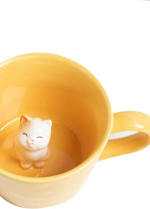 DIHOclub Cat Coffee Cup Hidden Ceramic Animal Inside Mug,Cute Cartoon Handmade Figurine Mugs,Holiday and Birthday Gift for Coffee Milk Tea Lovers,12 Oz(yellow)