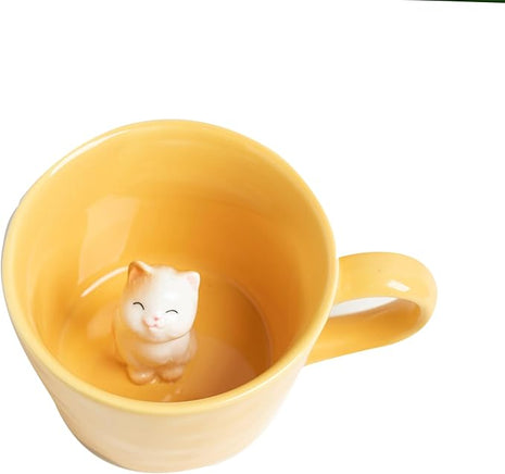 DIHOclub Cat Coffee Cup Hidden Ceramic Animal Inside Mug,Cute Cartoon Handmade Figurine Mugs,Holiday and Birthday Gift for Coffee Milk Tea Lovers,12 Oz(yellow)