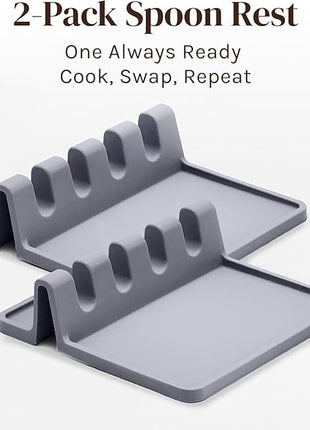 Silicone Spoon Rest for Stove Top with Drip Pad (2 Pack) - Heat Resistant BPA Free Utensil Rest & Kitchen Spoon Holder for Kitchen Counter - Grill Countertop - Spatula Holder, Tongs, Ladle - Gray