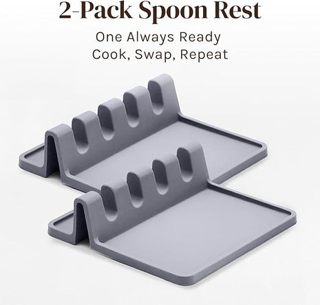 Silicone Spoon Rest for Stove Top with Drip Pad (2 Pack) - Heat Resistant BPA Free Utensil Rest & Kitchen Spoon Holder for Kitchen Counter - Grill Countertop - Spatula Holder, Tongs, Ladle - Gray
