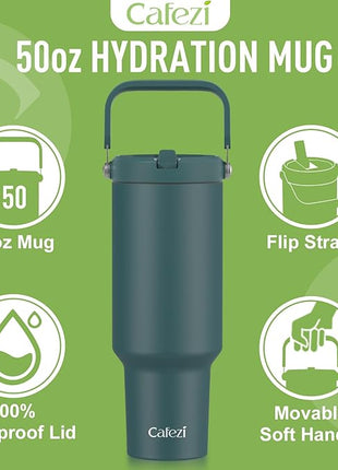 50 oz Tumbler with Handle, Stainless Steel Water Bottles with Flip Straw and Top Handle, Leak Proof, No Sweat, Cold for 30 Hours, Fits in Cup Holder, Vacuum Insulated Tumblers for Home, Office