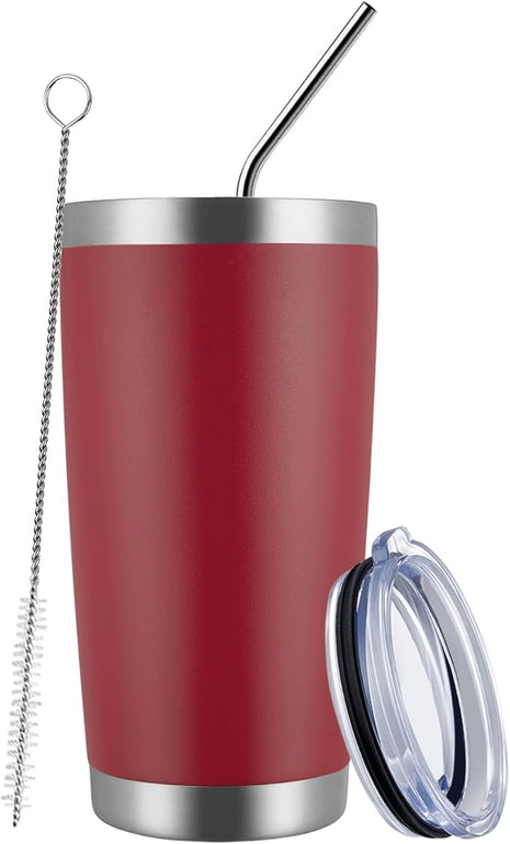 MEWAY 20oz Tumbler Double Wall Vacuum Insulated Travel Mug, Stainless Steel Tumblers with Lid and Straw, Powder Coated Coffee Cups for Cold & Hot Drinks (Red, Set of 1)