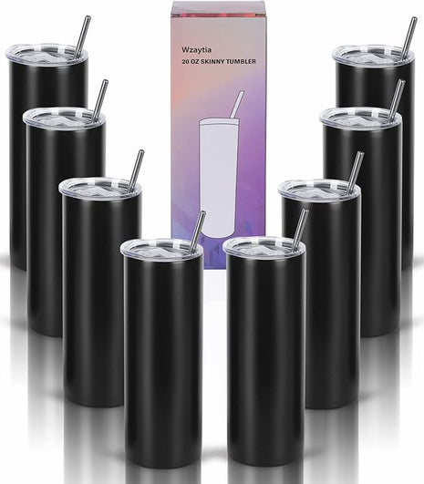 20 Oz Stainless Steel Straight Skinny Tumbler Set (8 Pack), Insulated Slim Thin Travel Cup with Lid, Black